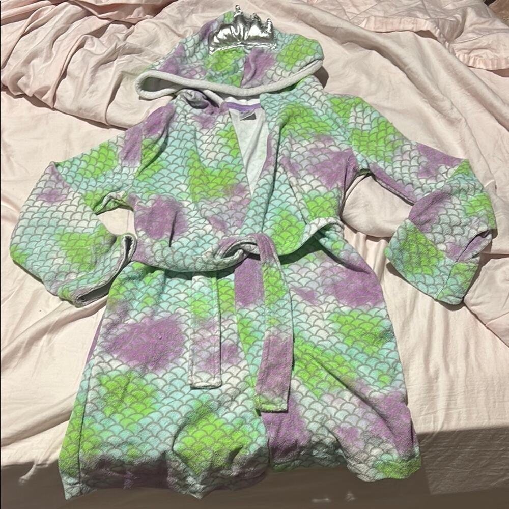 Kids mermaid scales terry cloth hooded crown robe S 6/7 Green Purple belt euc